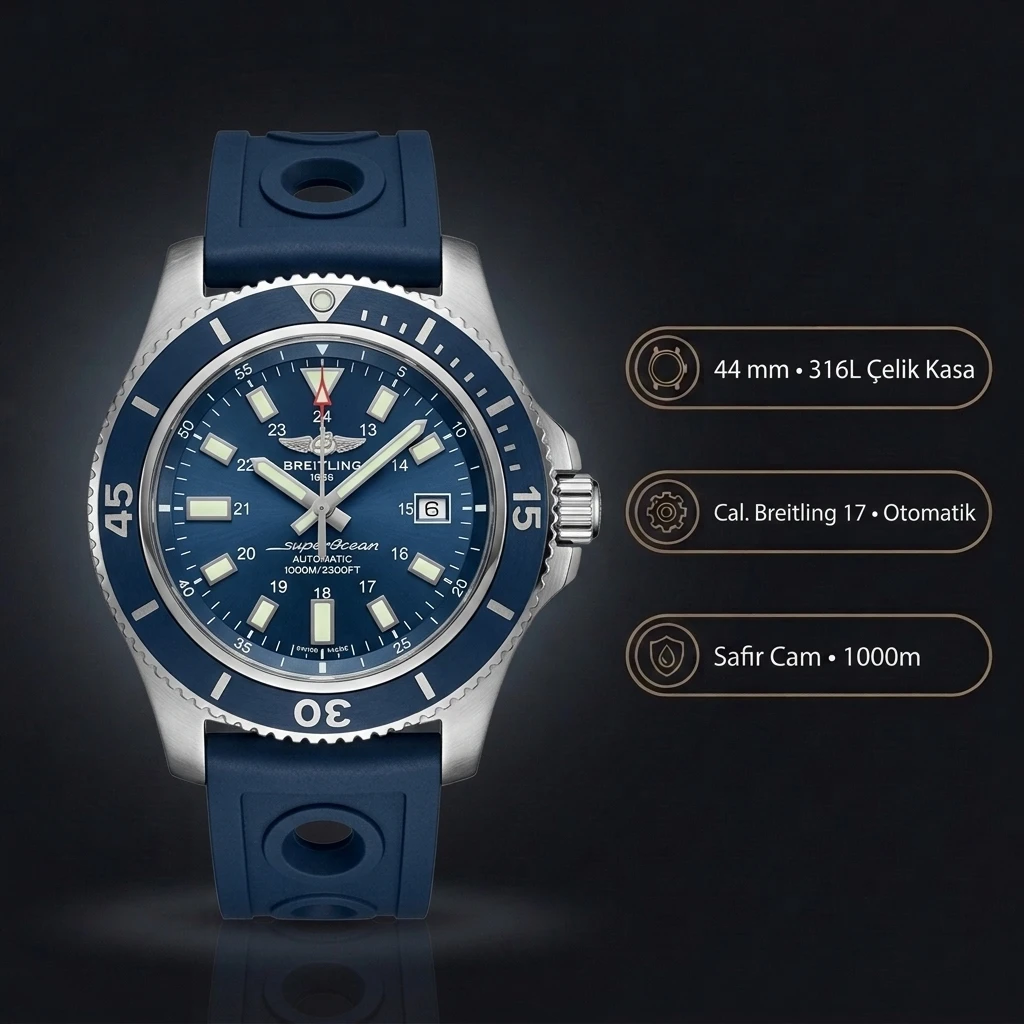 Breitling Superocean 44 mm Mavi Chronograph Kauçuk Kordon A13375211C1S1 Super Clone ETA Saat