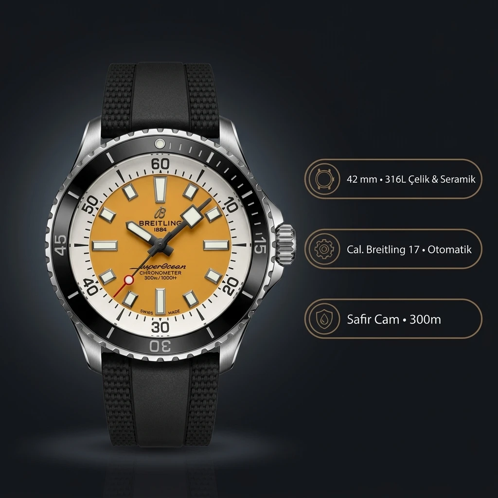Breitling Superocean Automatic 42 mm Sarı Kadran Kauçuk Kordon A17375211I1S1 Super Clone ETA Saat