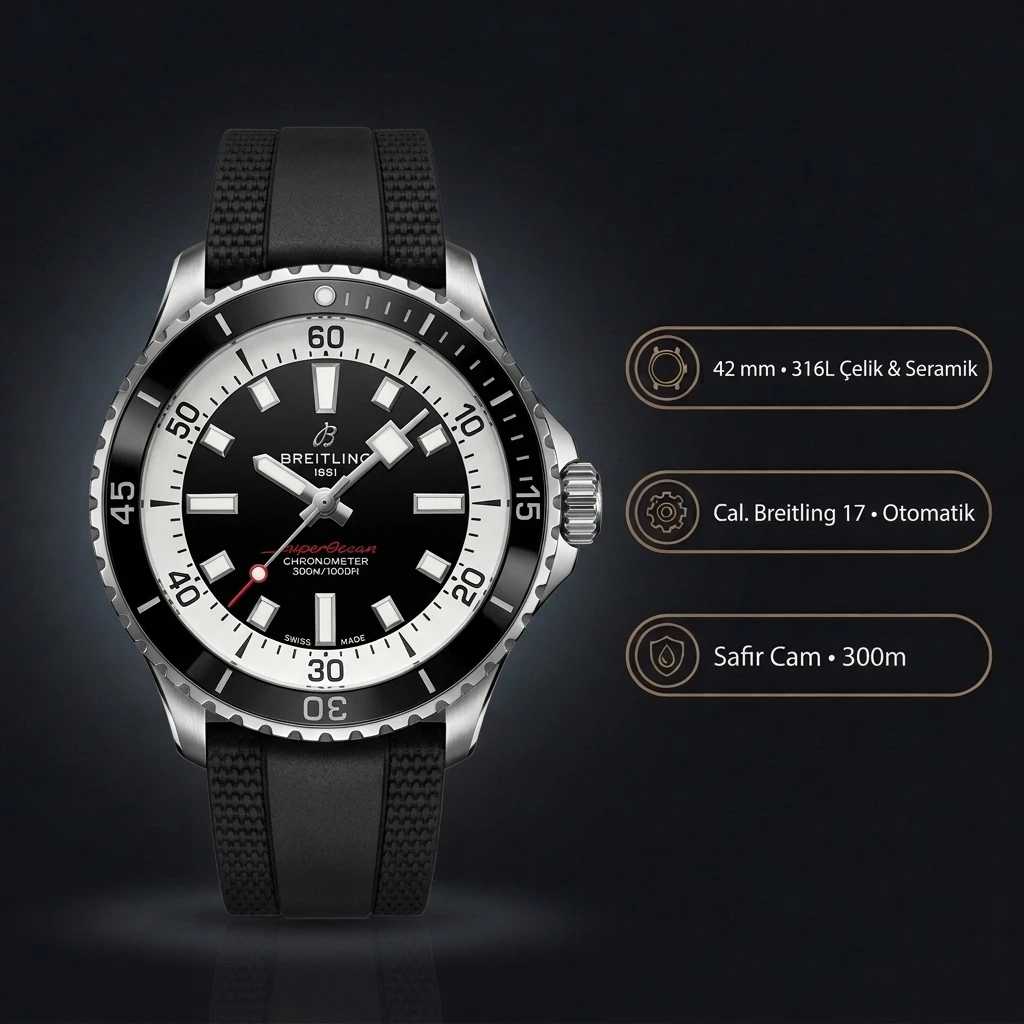 Breitling Superocean Automatic 42 mm Siyah Kadran Kauçuk Kordon A17375211B1S1 Super Clone ETA Saat
