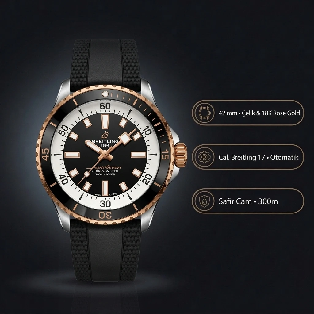 Breitling Superocean Automatic 42 mm Siyah Kadran Kauçuk Kordon A17375211B1S1 Koyu Seri Super Clone ETA Saat