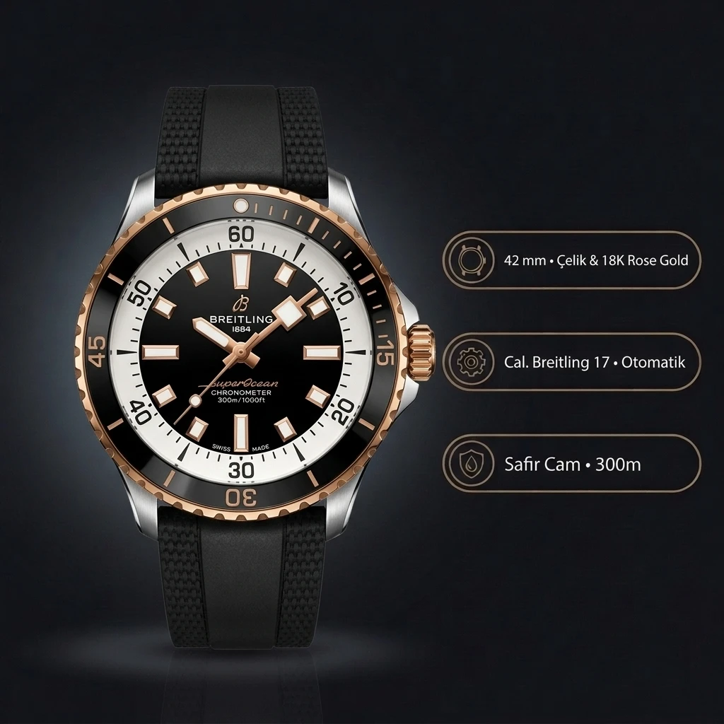 Breitling Superocean Automatic 42 mm Siyah Rose Kauçuk Kordon A17375211B1S1 Super Clone ETA Saat