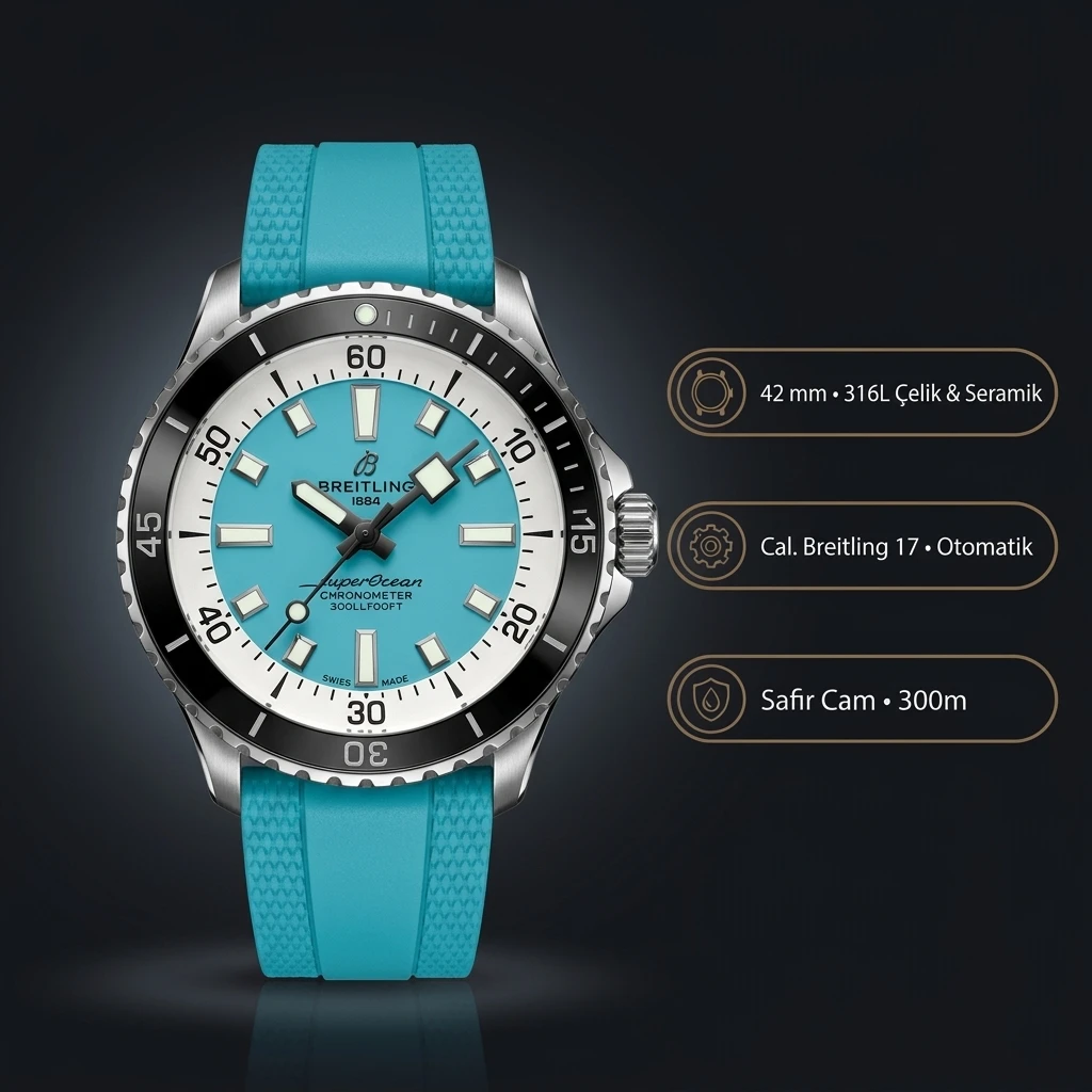 Breitling Superocean Automatic 42 mm Turkuaz Kadran Kauçuk Kordon A17376211C1S1 Super Clone ETA Saat
