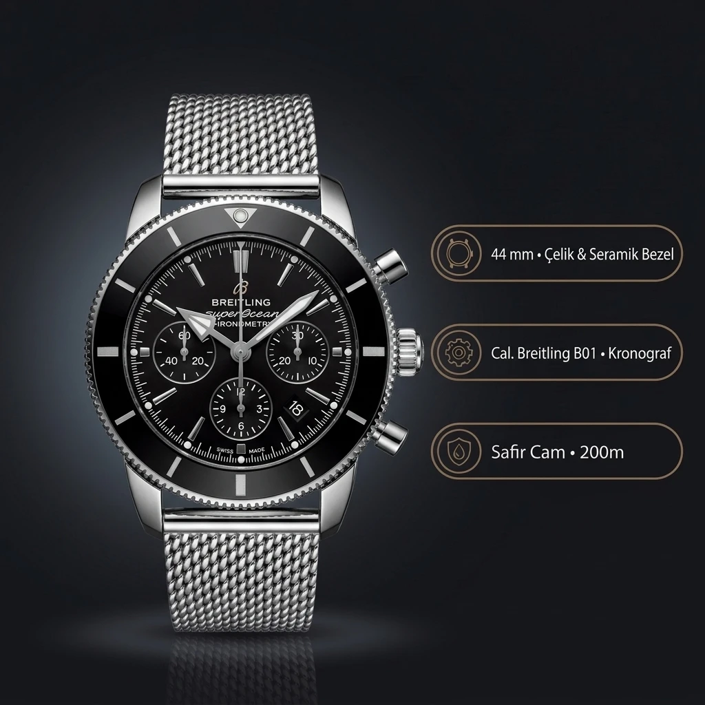 Breitling Superocean Heritage B01 42 mm Siyah Chronograph Hasır Kordon AB0156161B1S1 Super Clone ETA Saat