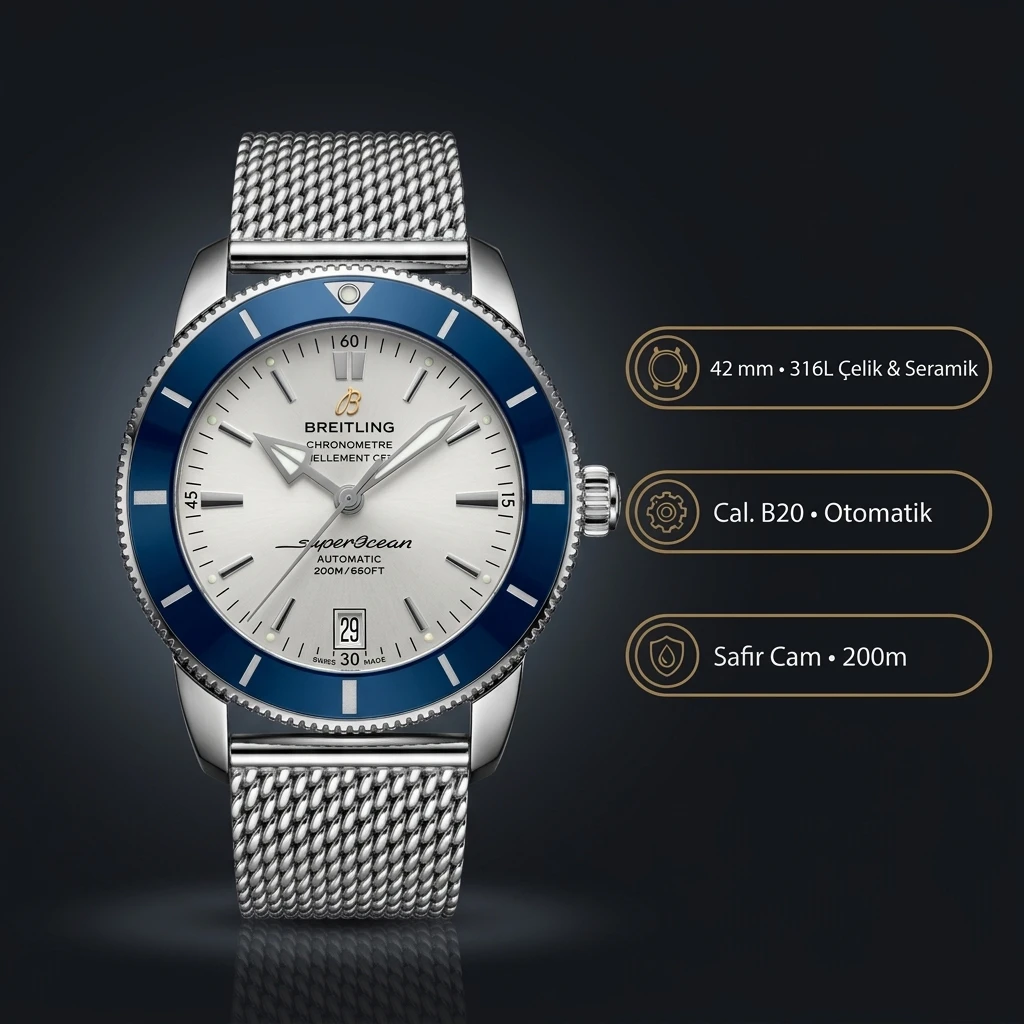 Breitling Superocean Heritage Beyaz Kadran Mavi Bezel Çelik Kordon Super Clone ETA Saat