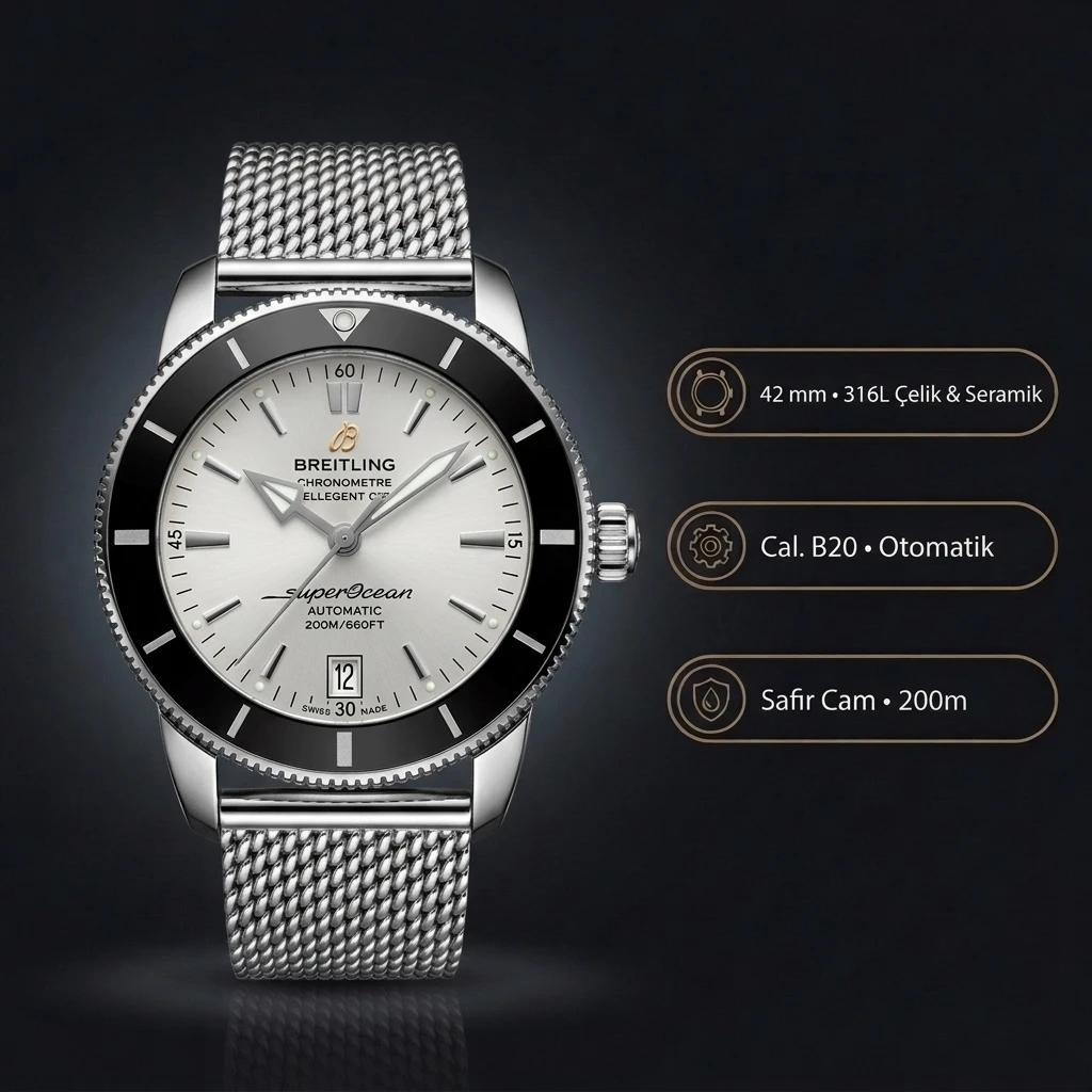 Breitling Superocean Heritage Beyaz Kadran Siyah Bezel Çelik Kordon Super Clone ETA Saat