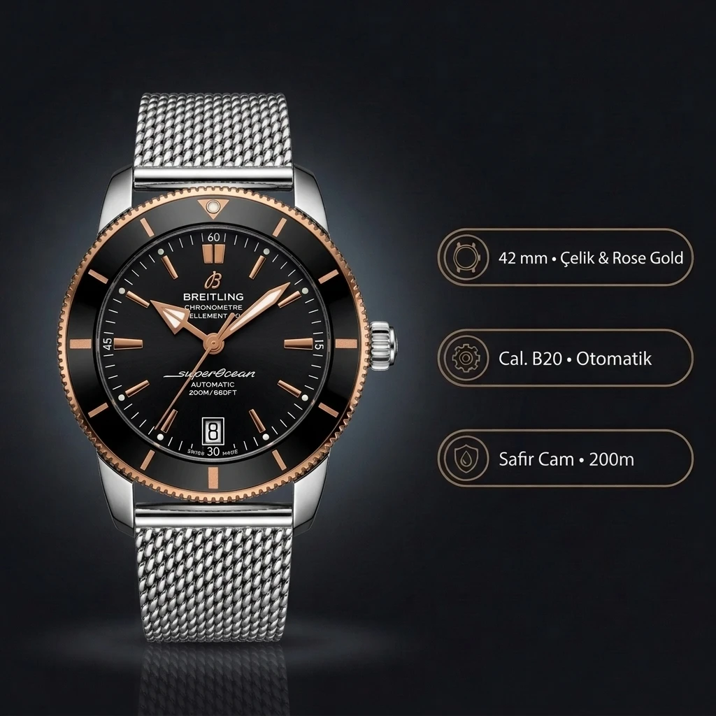 Breitling Superocean Heritage Siyah Kadran Rose Altın Detay Çelik Kordon Super Clone ETA Saat