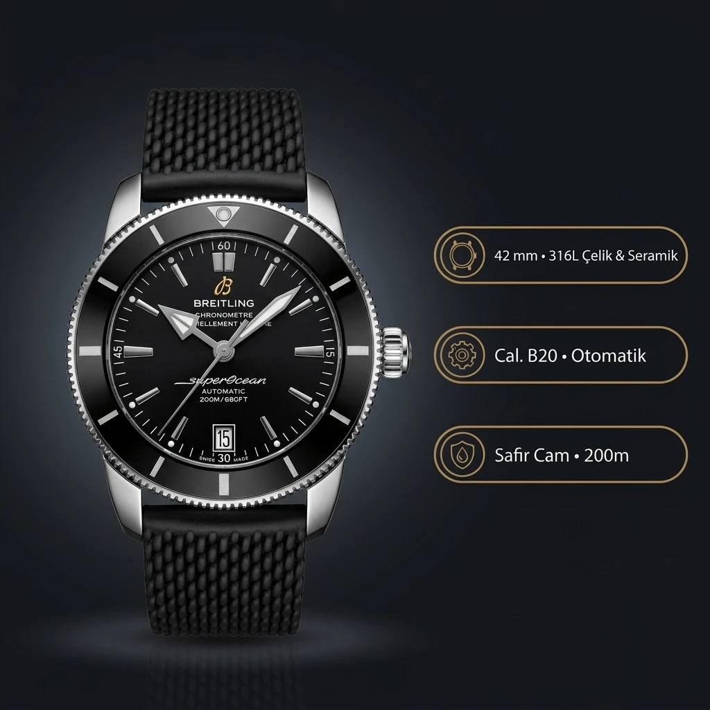 Breitling Superocean Heritage Siyah Kadran Siyah Bezel Siyah Kauçuk Kordon Super Clone ETA Saat
