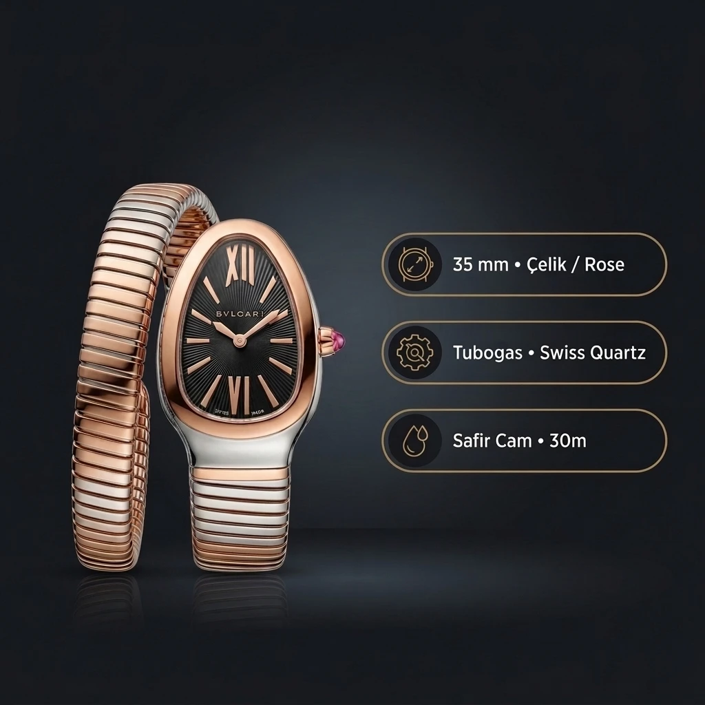 Bvlgari Serpenti 35 mm 102123 Serpenti Çelik Elmas Tasli Siyah Kadran Super Clone ETA Saat