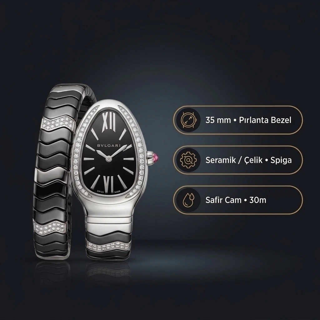 Bvlgari Serpenti 35 mm 102123 Serpenti Çelik Siyah Kadran Uzun Super Clone ETA Saat