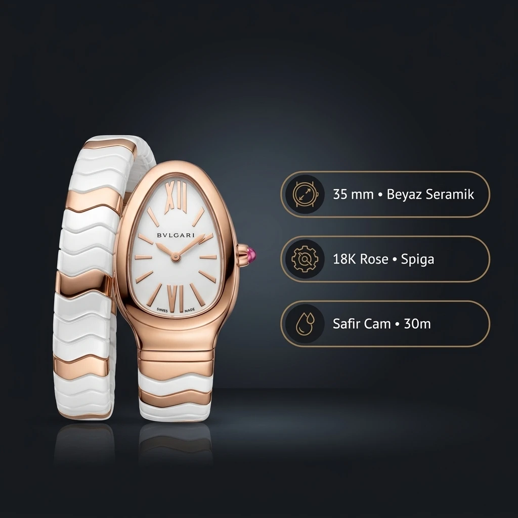 Bvlgari Serpenti 35 mm 102123 Serpenti Rose Beyaz Kadran Super Clone ETA Saat