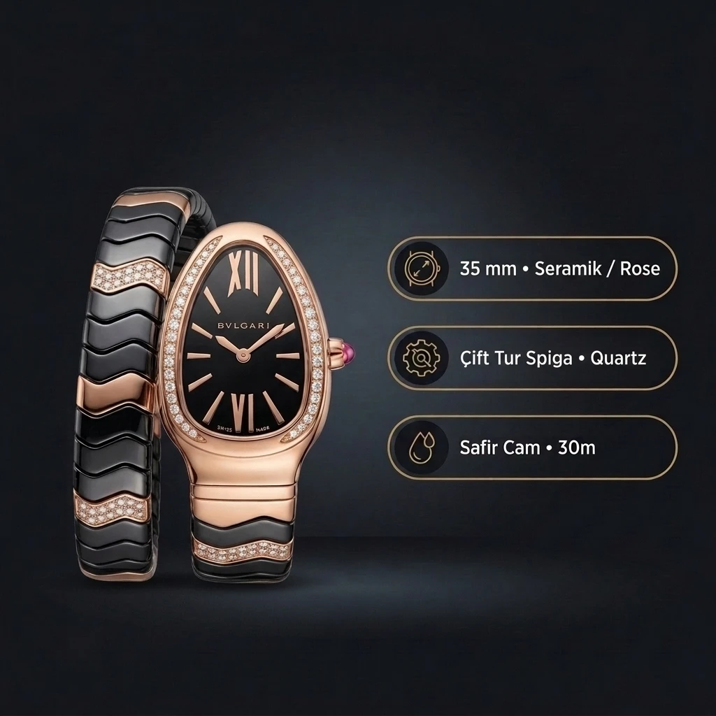 Bvlgari Serpenti 35 mm 102123 Serpenti Rose Cift Renk Siyah Kadran Super Clone ETA Saat