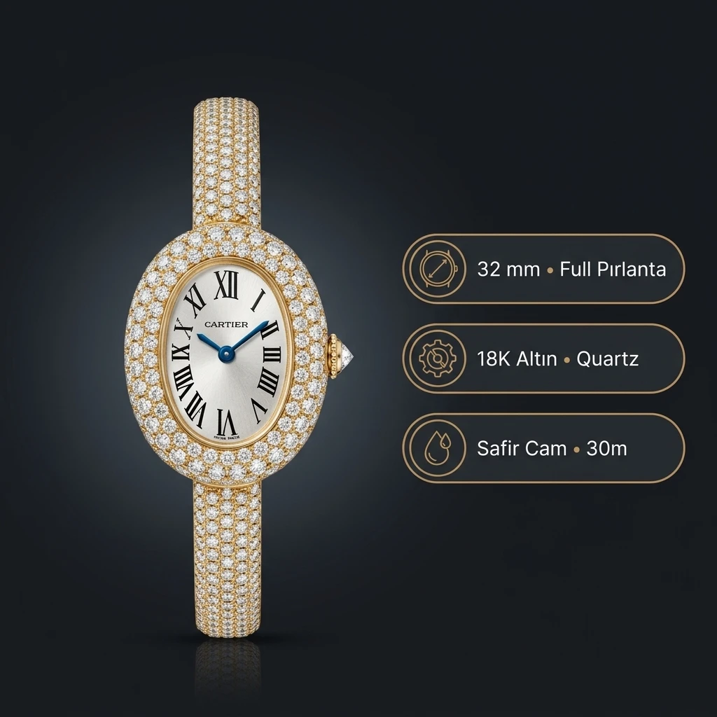 Cartier Baignoire 32 mm WGBA0009 Elmas Tasli Bilezik Oval Super Clone ETA Saat
