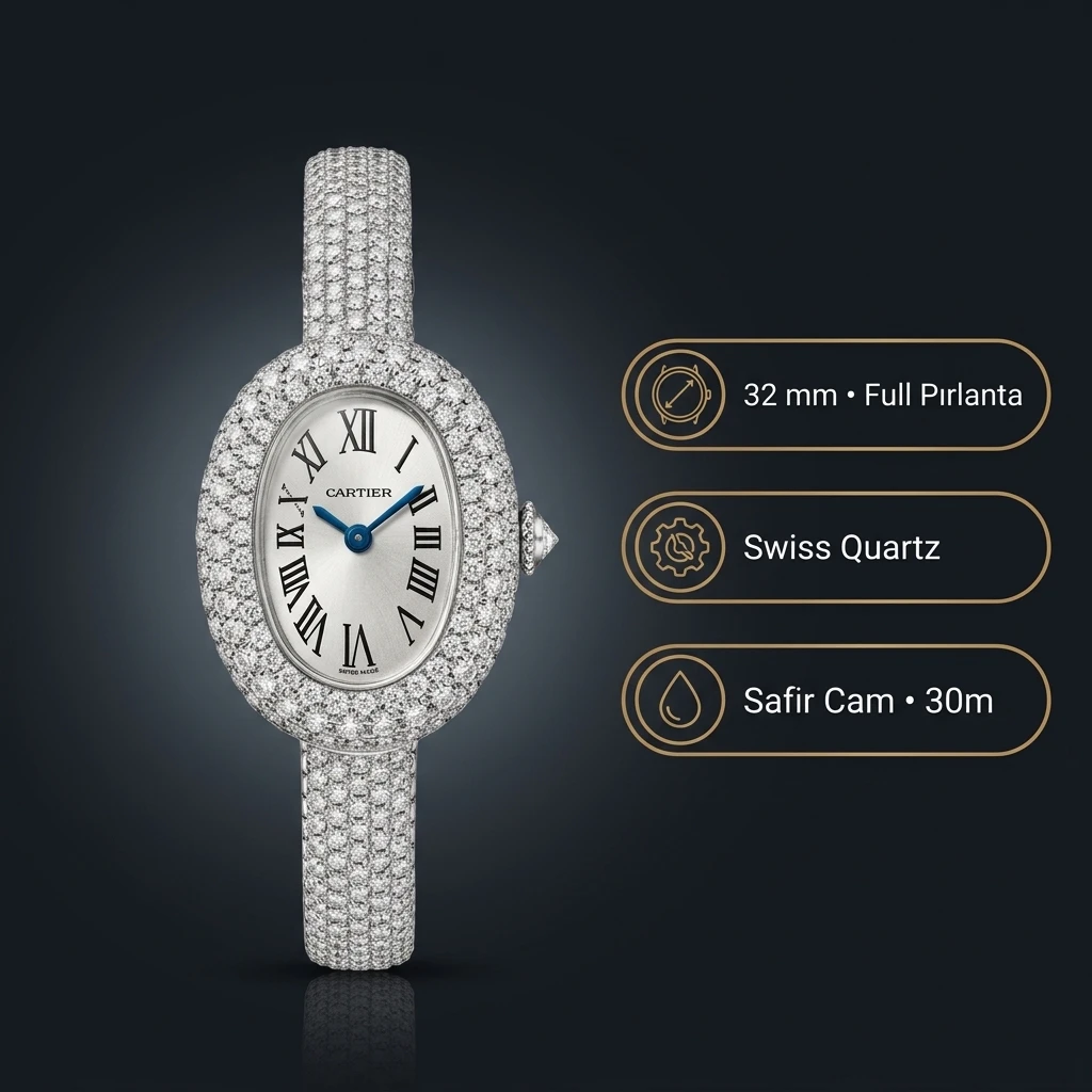 Cartier Baignoire 32 mm WGBA0009 Elmas Tasli Oval Çelik Super Clone ETA Saat