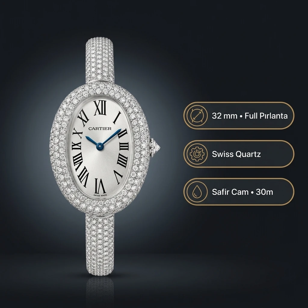 Cartier Baignoire 32 mm WGBA0009 Elmas Tasli Roman Oval Super Clone ETA Saat