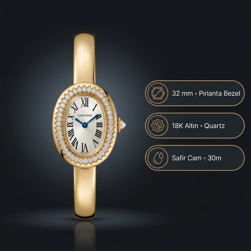 Cartier Baignoire 32 mm WJBA0005 Altın Elmas Bilezik Super Clone ETA Saat