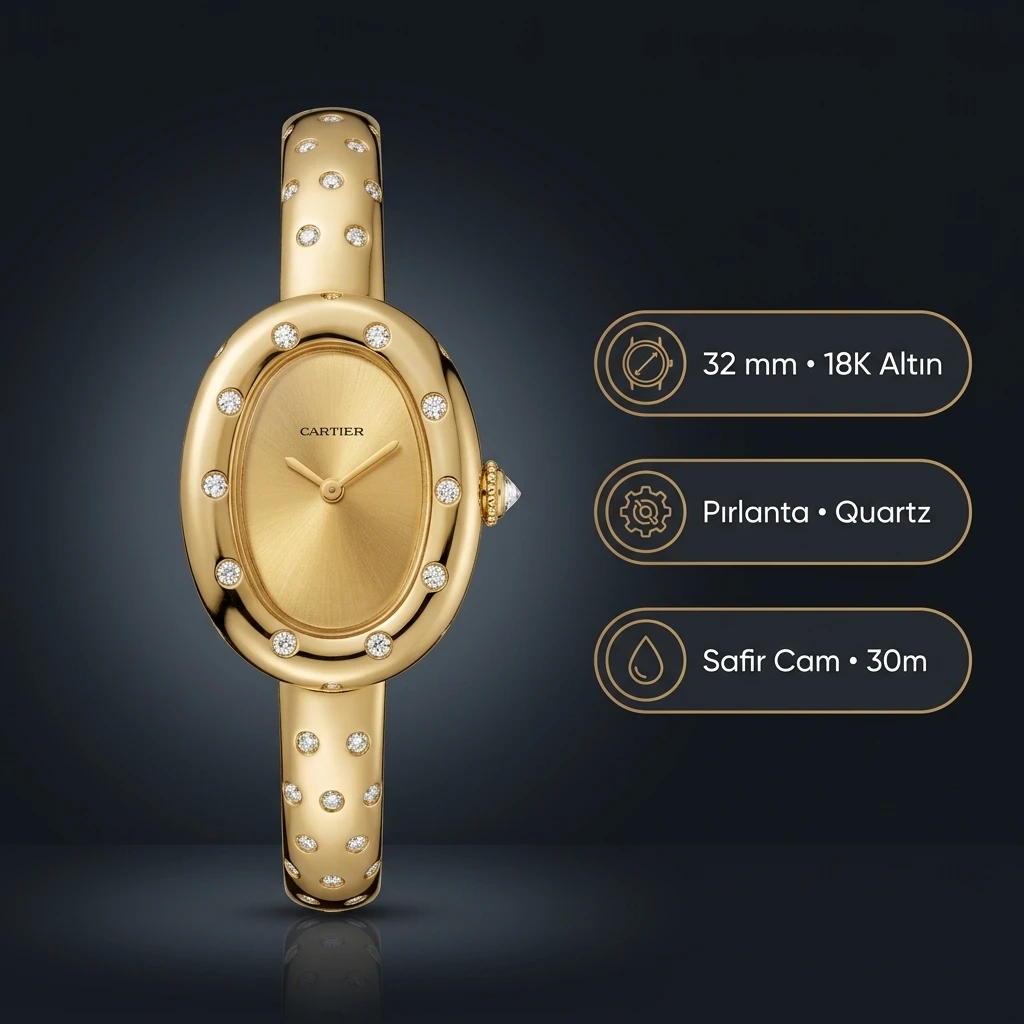 Cartier Baignoire 32 mm WJBA0005 Altın Sari Oval Bilezik Super Clone ETA Saat