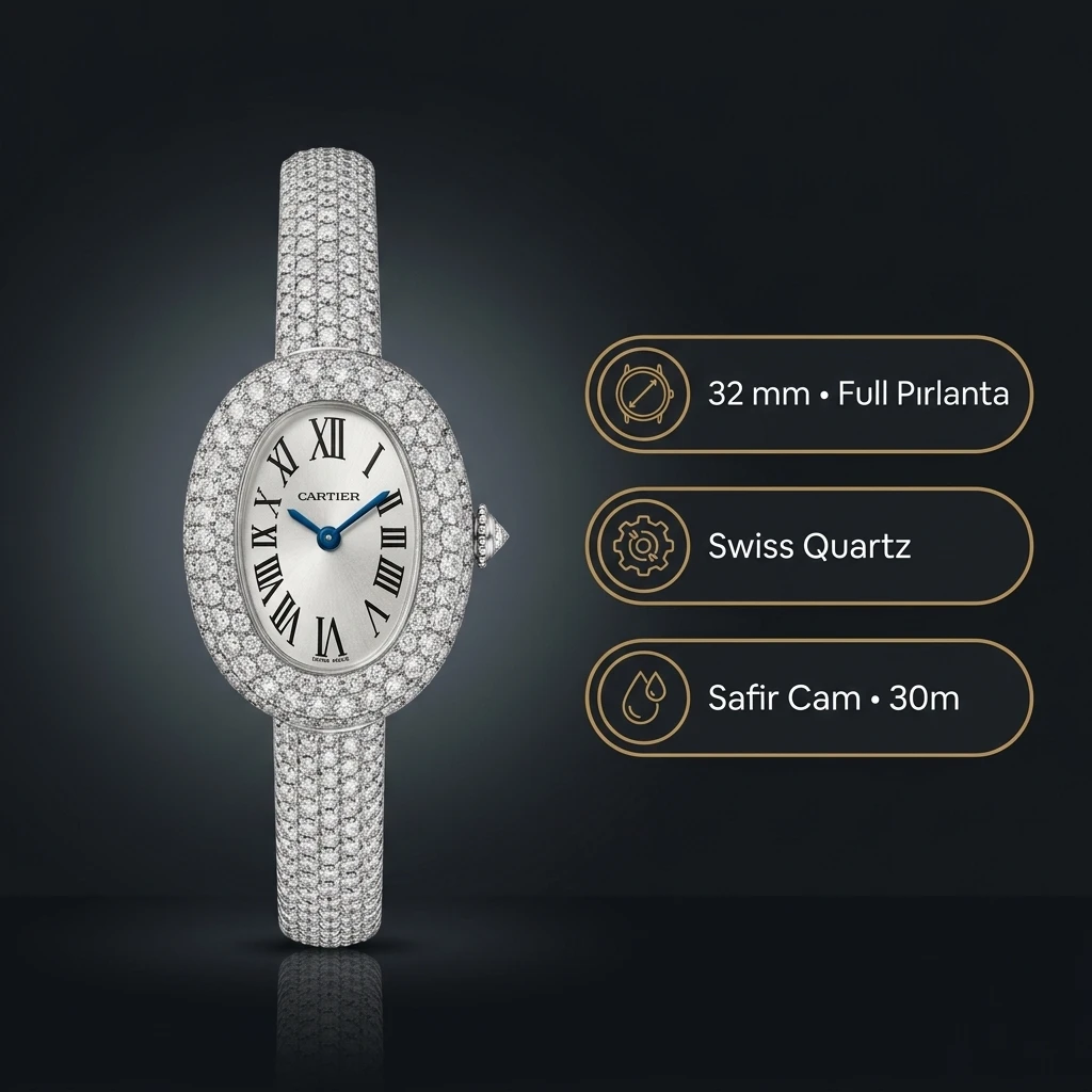 Cartier Baignoire 32 mm WJBA0005 Elmas Tasli Pavé Roman Oval Bilezik Super Clone ETA Saat
