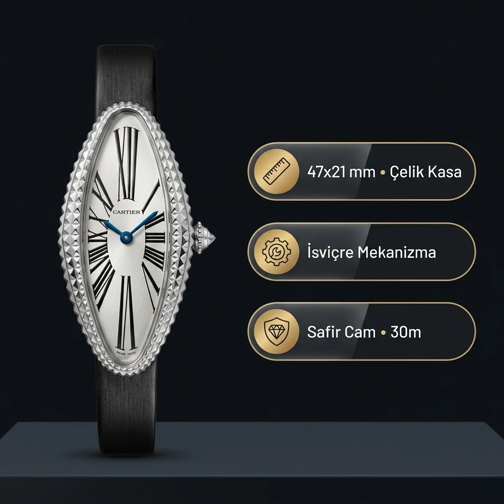 Cartier Baignoire Allongée 47x21 MM Gümüş Piramit Çivili Kasa Beyaz Roma Rakamlı Kadran Siyah Deri Kordon Bayan Super Clone Saat