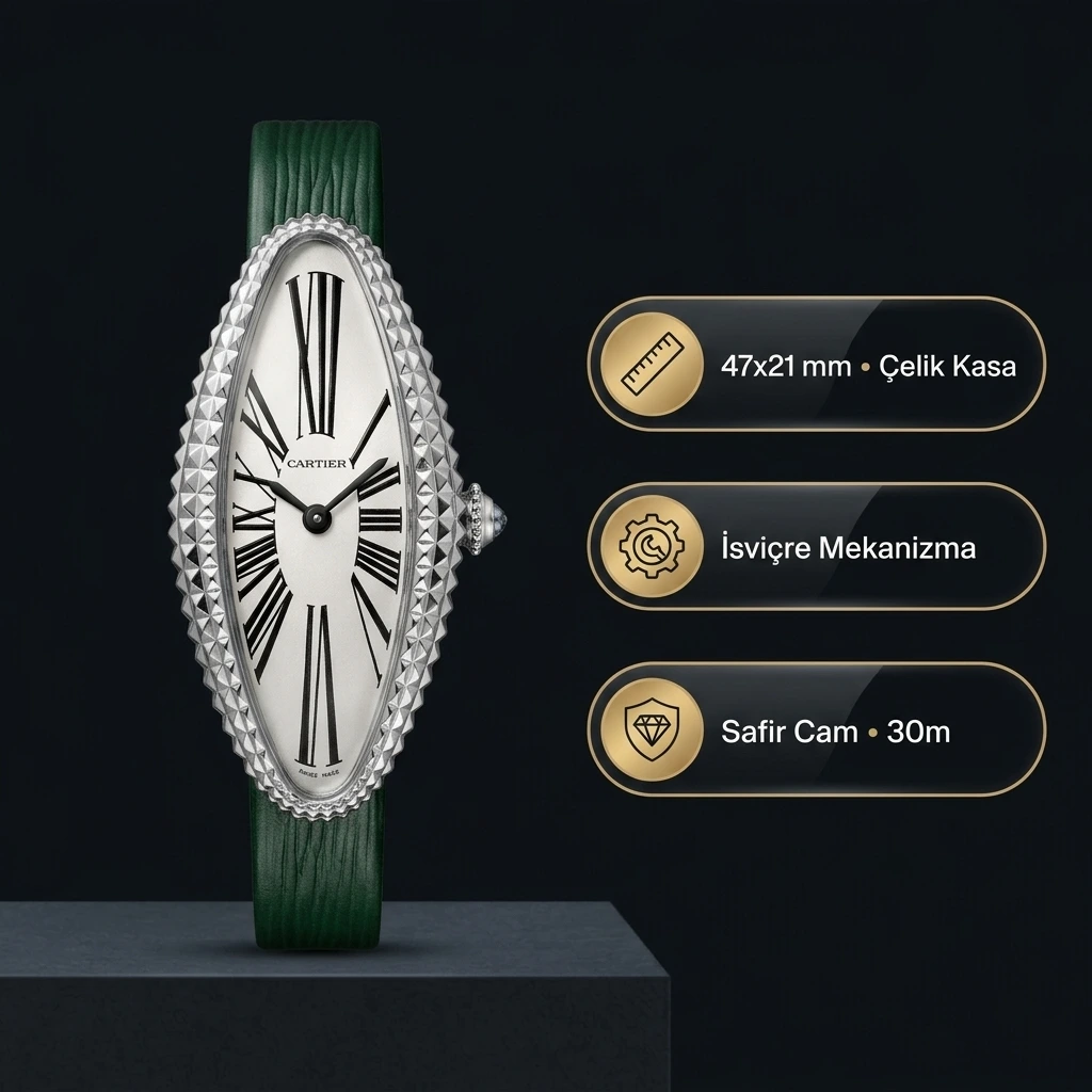 Cartier Baignoire Allongée 47x21 MM Gümüş Piramit Çivili Kasa Beyaz Roma Rakamlı Kadran Yeşil Deri Kordon Bayan Super Clone Saat