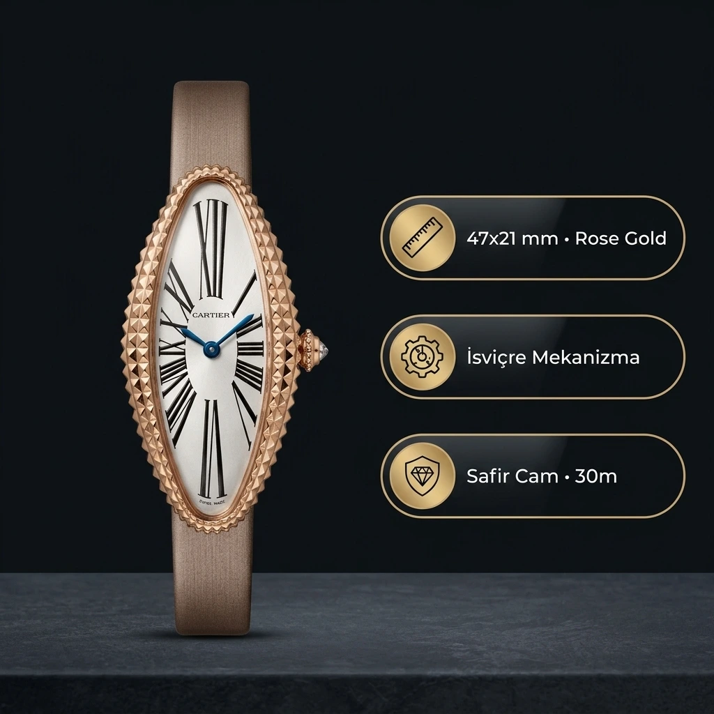 Cartier Baignoire Allongée 47x21 MM Rose Gold Piramit Çivili Kasa Beyaz Roma Rakamlı Kadran Vizon Kahve Deri Kordon Bayan Super Clone Saat