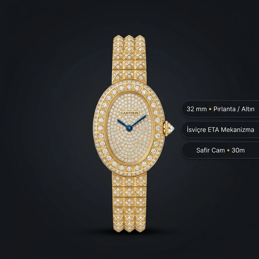 Cartier Baignoire 32 mm WGBA0009 Clou De Paris Sari Altın Tasli Pave Kadran Super Clone ETA Saat