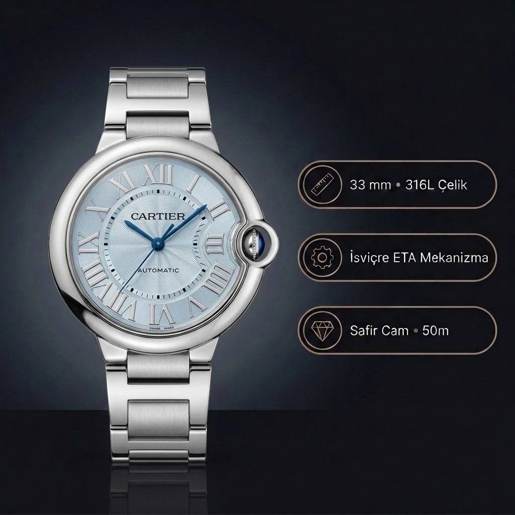 Cartier Ballon Bleu 33 mm LWSBB0062 Mavi Kadran Çelik Super Clone ETA Saat