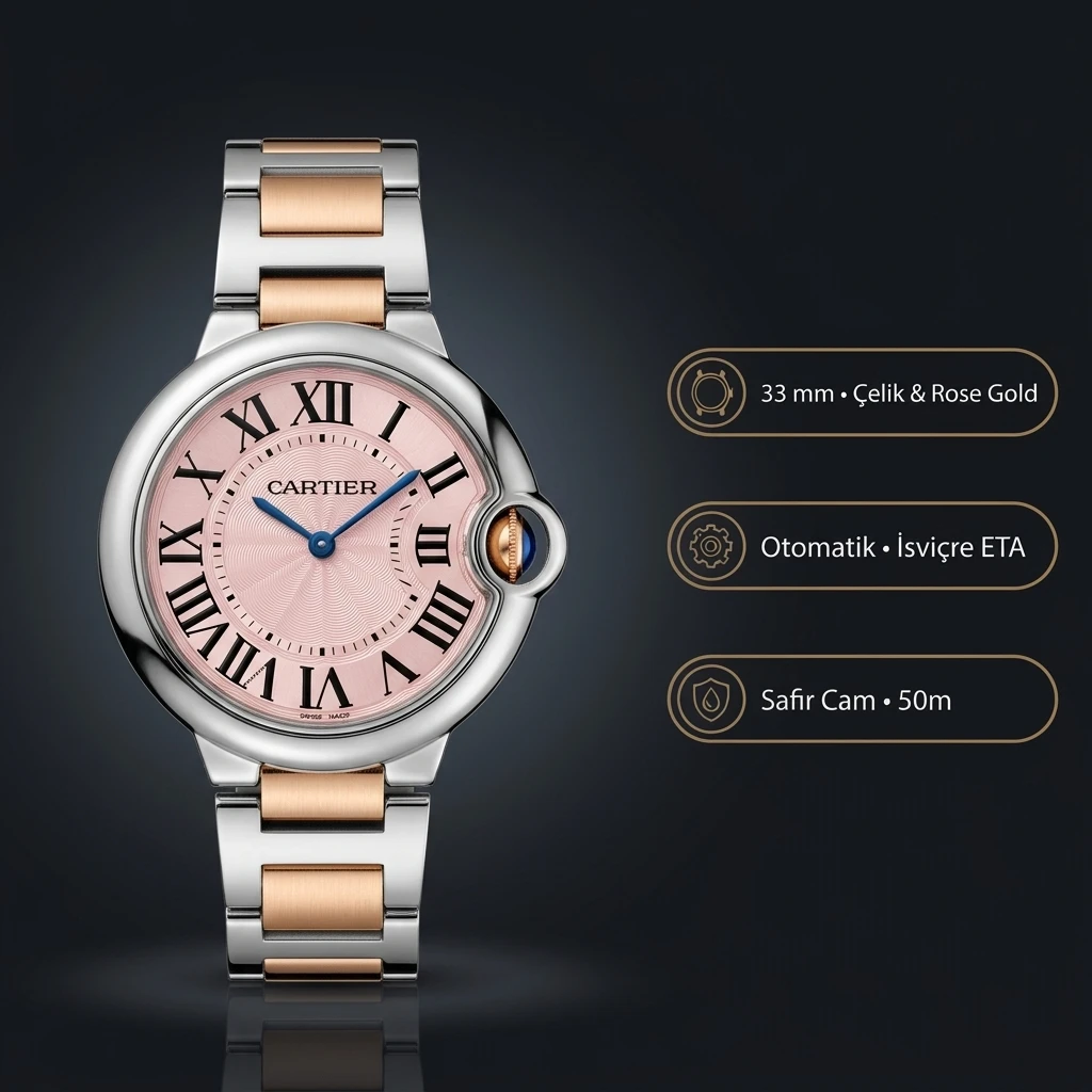 Cartier Ballon Bleu 33 mm W4BB0021 Pembe Kadran Çelik Rose Kordon Super Clone ETA Saat