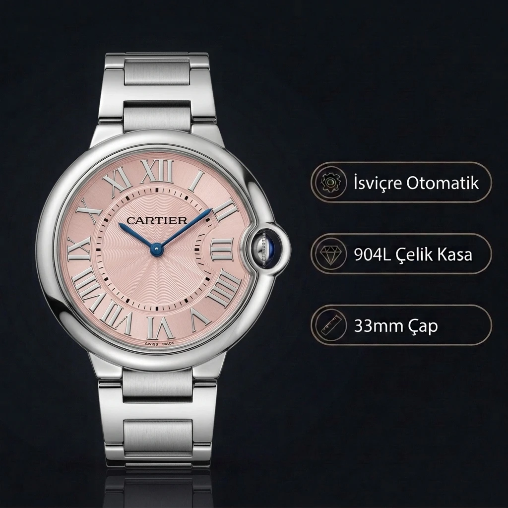 Cartier Ballon Bleu 33 mm W4BB0021 Pembe Kadran Çelik Super Clone ETA Saat