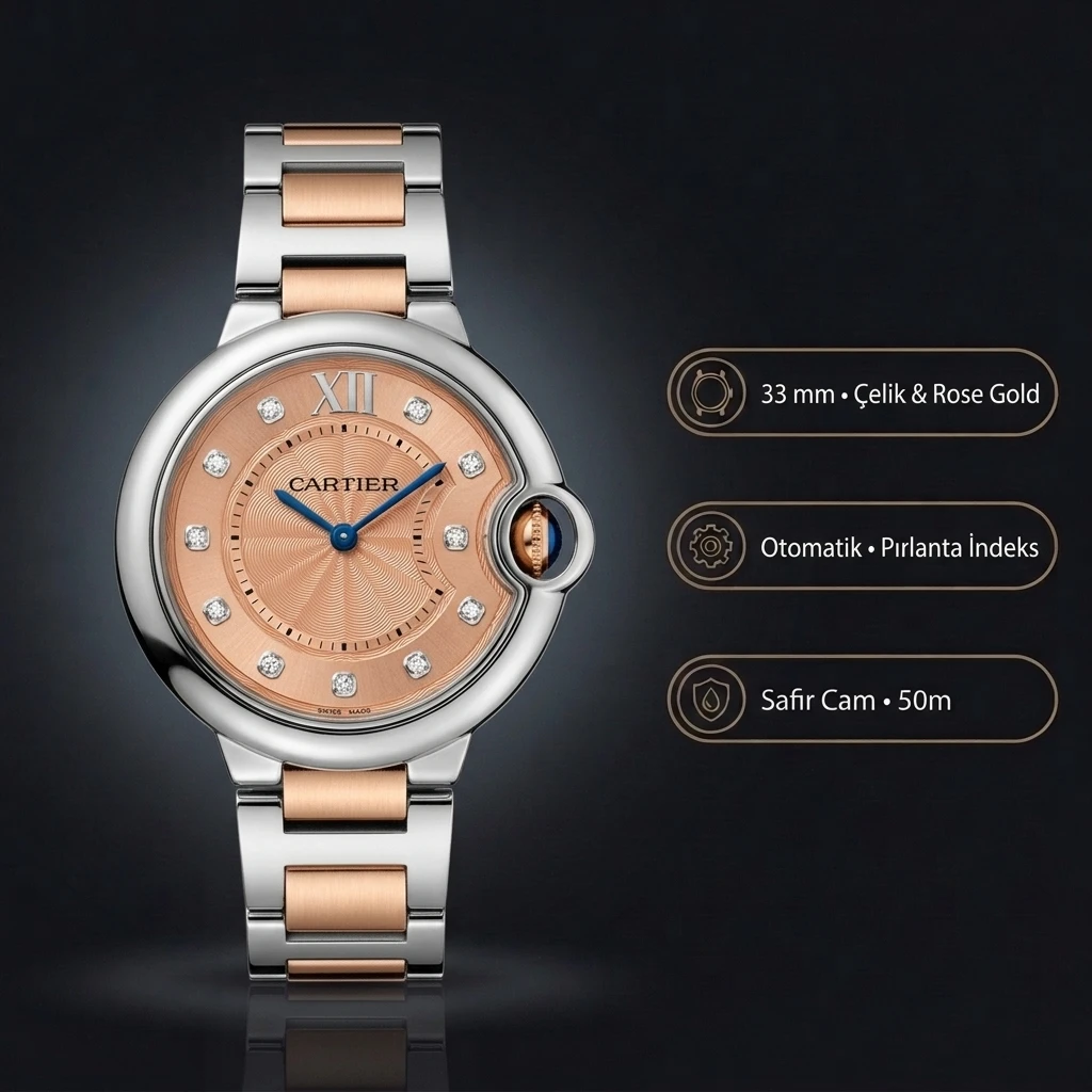 Cartier Ballon Bleu 33 mm W4BB0023 Rose Kadran Çelik Rose Kordon Super Clone ETA Saat