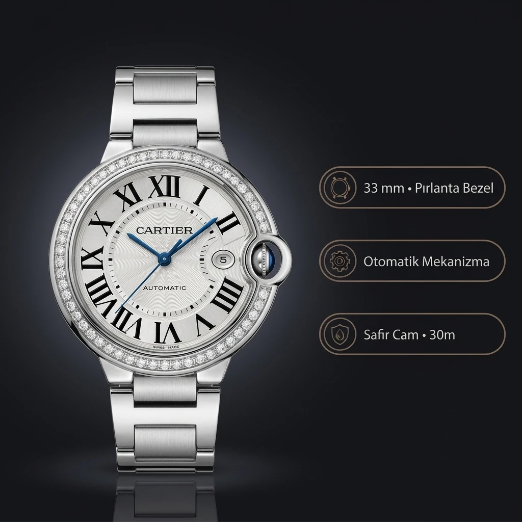 Cartier Ballon Bleu 33 mm W4BB0034 Gri Kadran Çelik Baget Bezel Çelik Kordon Super Clone ETA Saat
