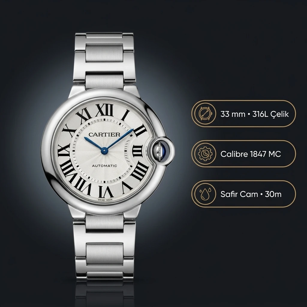 Cartier Ballon Bleu 33 mm W4BB0034 Gri Kadran Çelik Bileklik Super Clone ETA Saat