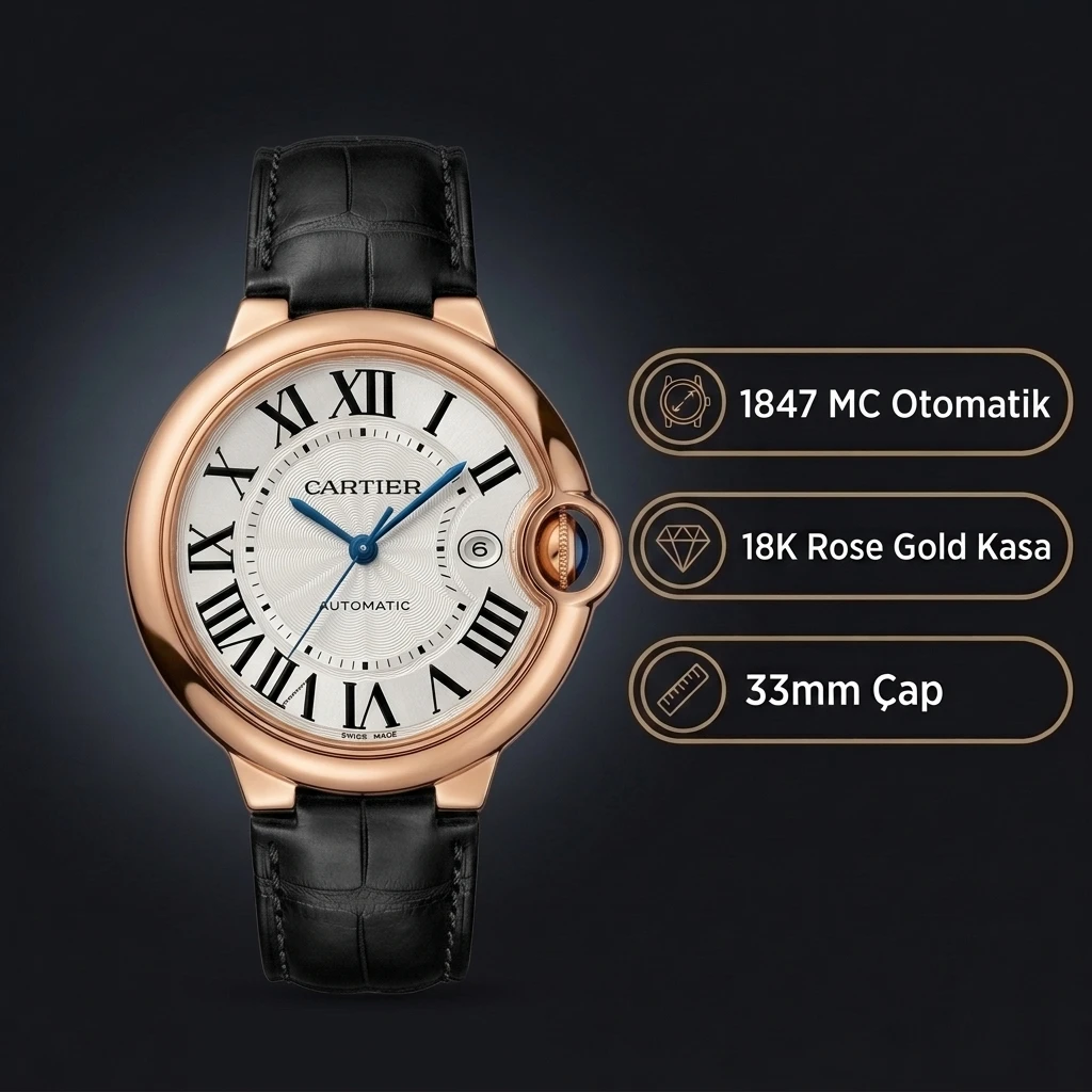 Cartier Ballon Bleu 33 mm WJBB0033 Beyaz Kadran Rose Kasa Siyah Deri Super Clone ETA Saat