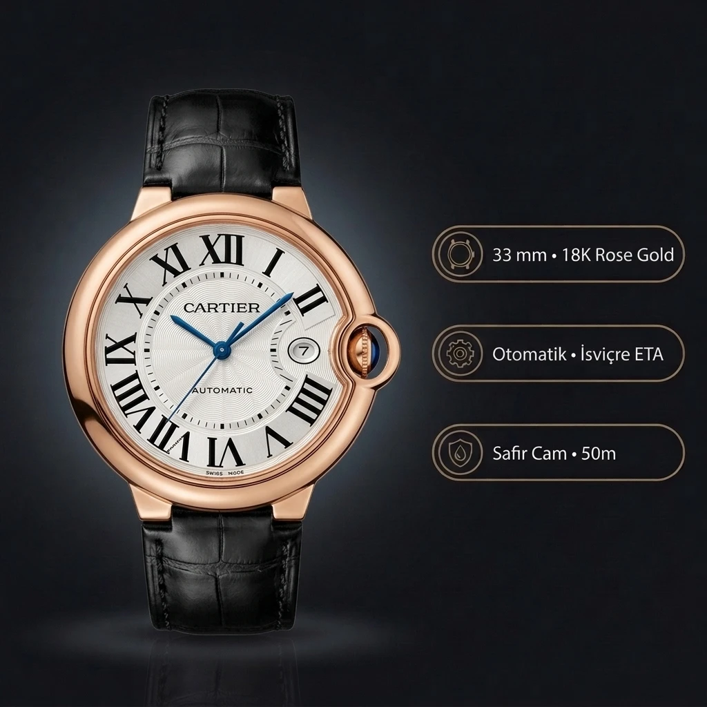Cartier Ballon Bleu 33 mm WJBB0033 Gümüş Kadran Rose Kasa Siyah Deri Kordon Super Clone ETA Saat