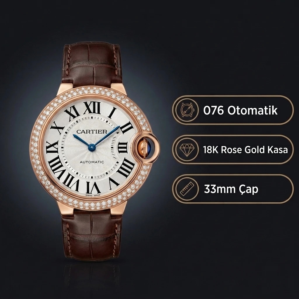 Cartier Ballon Bleu 33 mm WJBB0033 Rose Kasa Baget Bezel Gümüş Kadran Kahverengi Deri Kordon Super Clone ETA Saat
