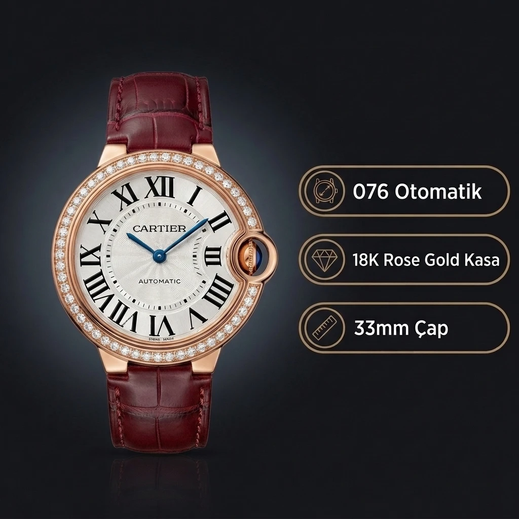Cartier Ballon Bleu 33 mm WJBB0033 Rose Kasa Beyaz Kadran Baget Bezel Kırmızı Deri Super Clone ETA Saat