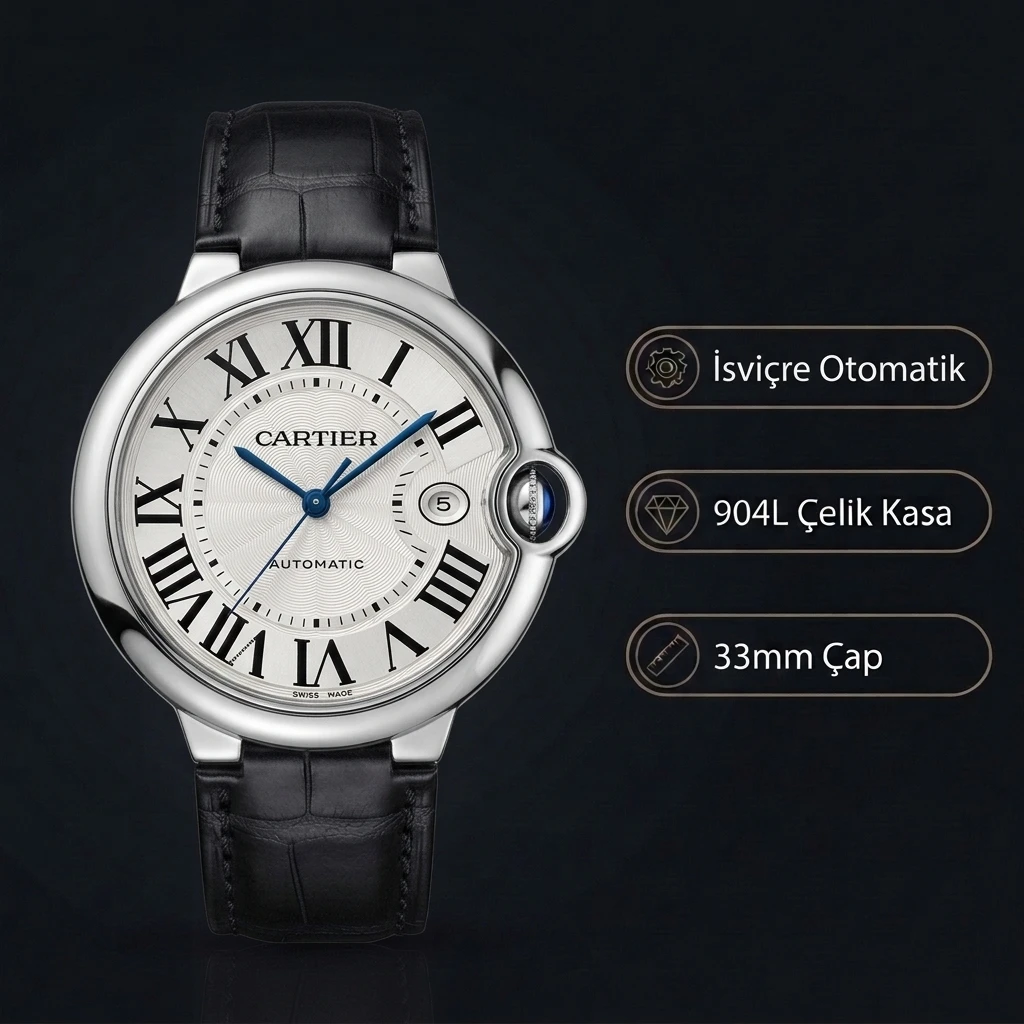 Cartier Ballon Bleu 33 mm WSBB0044 Beyaz Kadran Çelik Deri Kordon Super Clone ETA Saat
