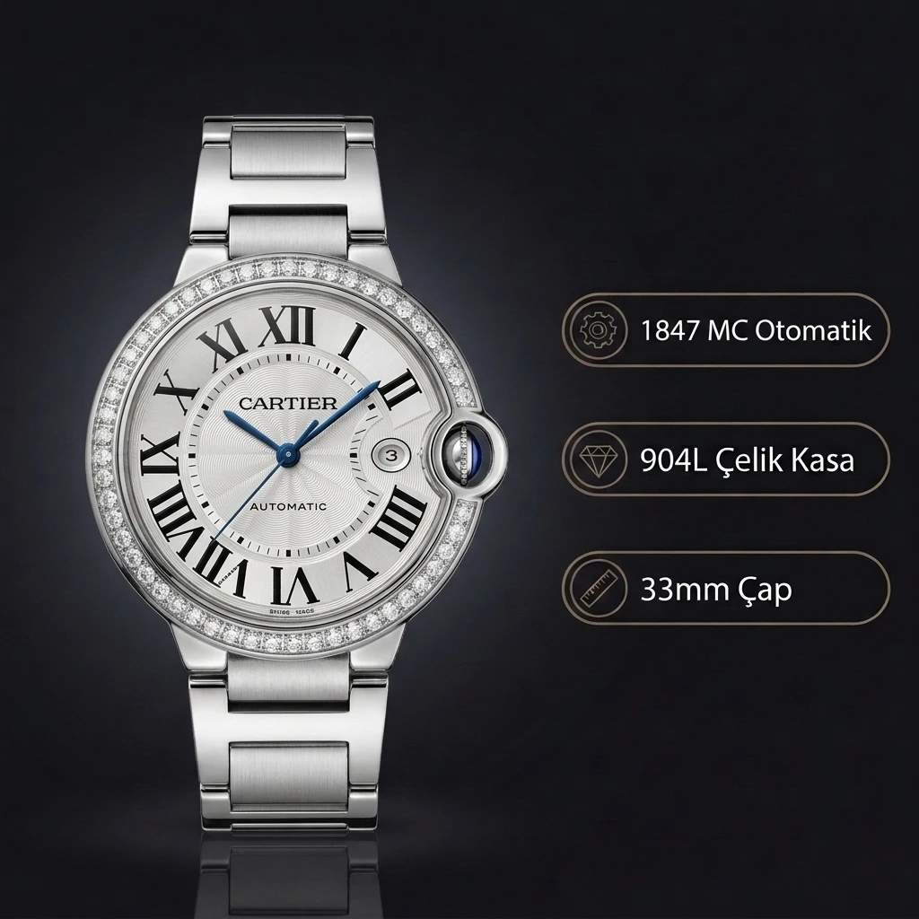Cartier Ballon Bleu 33 mm WSBB0044 Beyaz Kadran Çelik Kasa Baget Bezel Çelik Kordon Super Clone ETA Saat