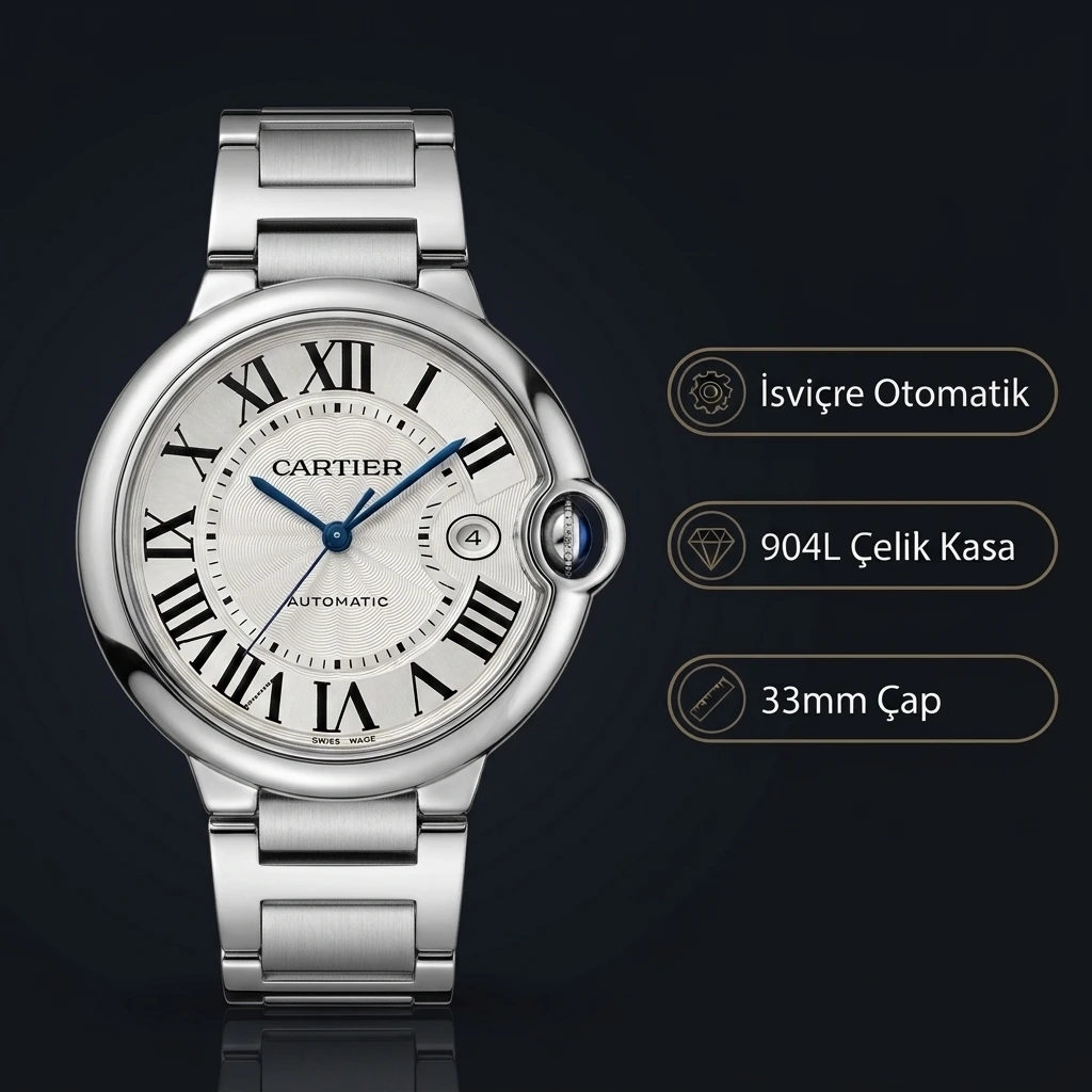 Cartier Ballon Bleu 33 mm WSBB0044 Beyaz Kadran Çelik Super Clone ETA Saat