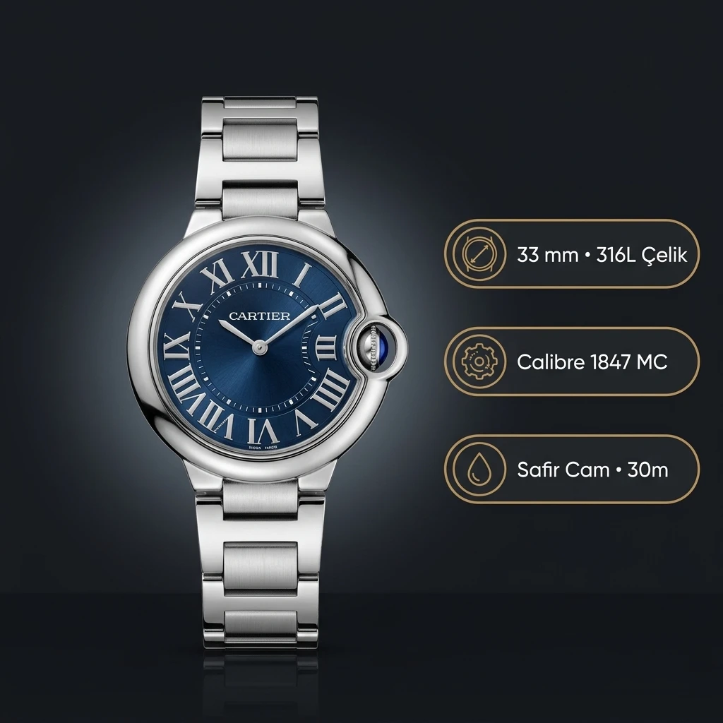 Cartier Ballon Bleu 33 mm WSBB0062 Mavi Kadran Çelik Super Clone ETA Saat