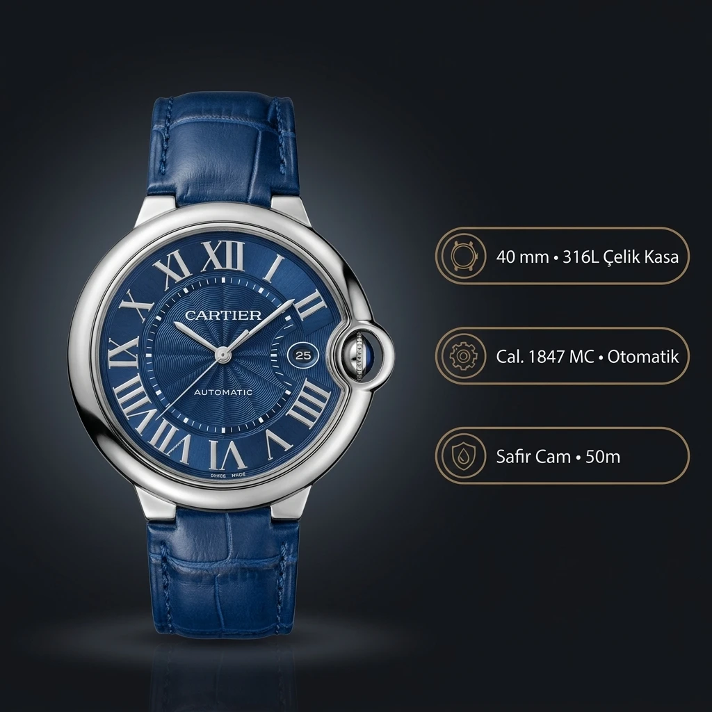 Cartier Ballon Bleu 40 mm WSBB0061 Mavi Kadran Mavi Deri Kordon Super Clone ETA Saat