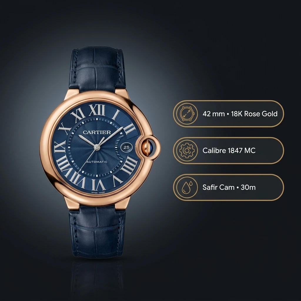 Cartier Ballon Bleu 42 mm W6901005 Rose Gold Mavi Kadran Deri Super Clone ETA Saat