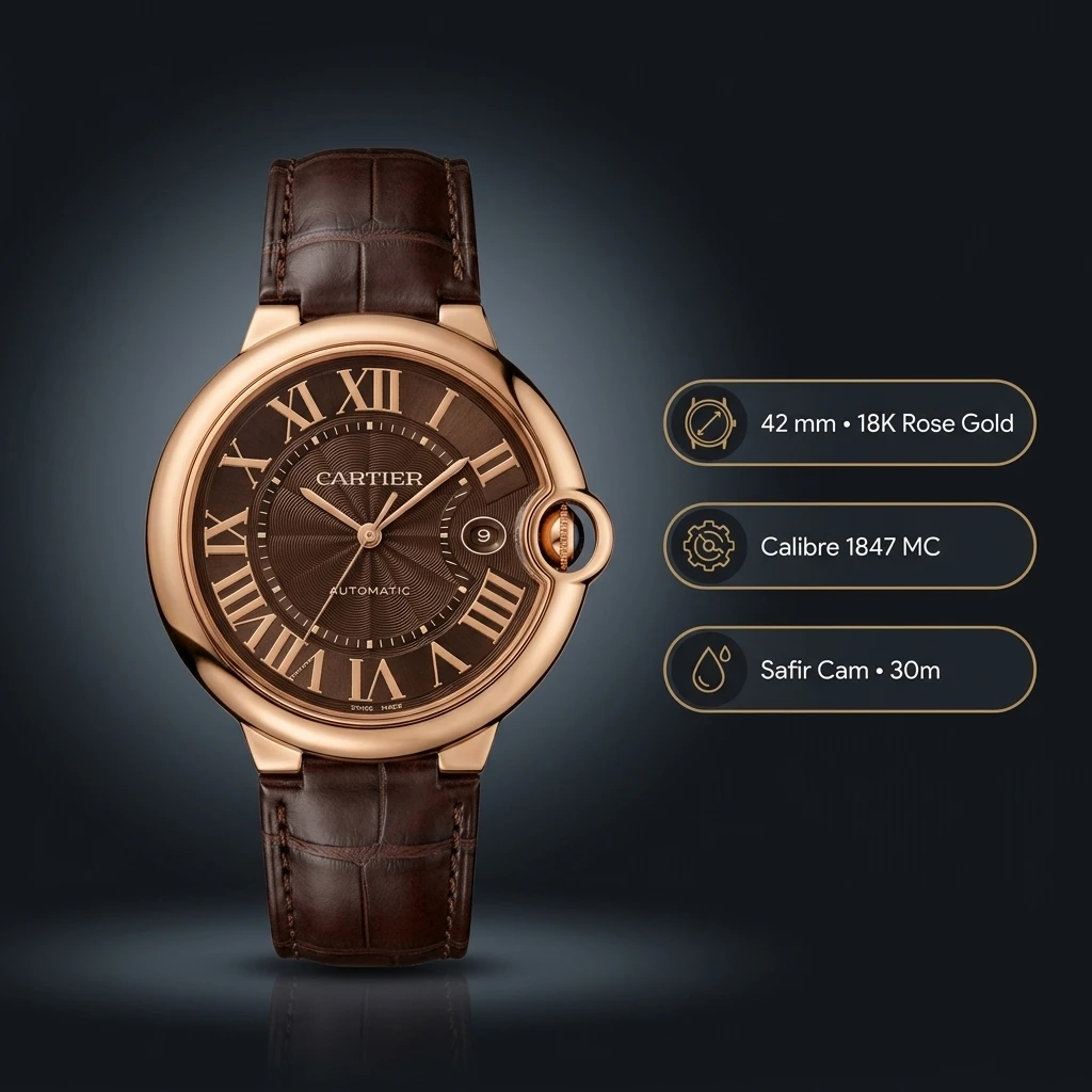 Cartier Ballon Bleu 42 mm WGBB0017 Rose Gold Kahve Kadran Deri Roman Super Clone ETA Saat