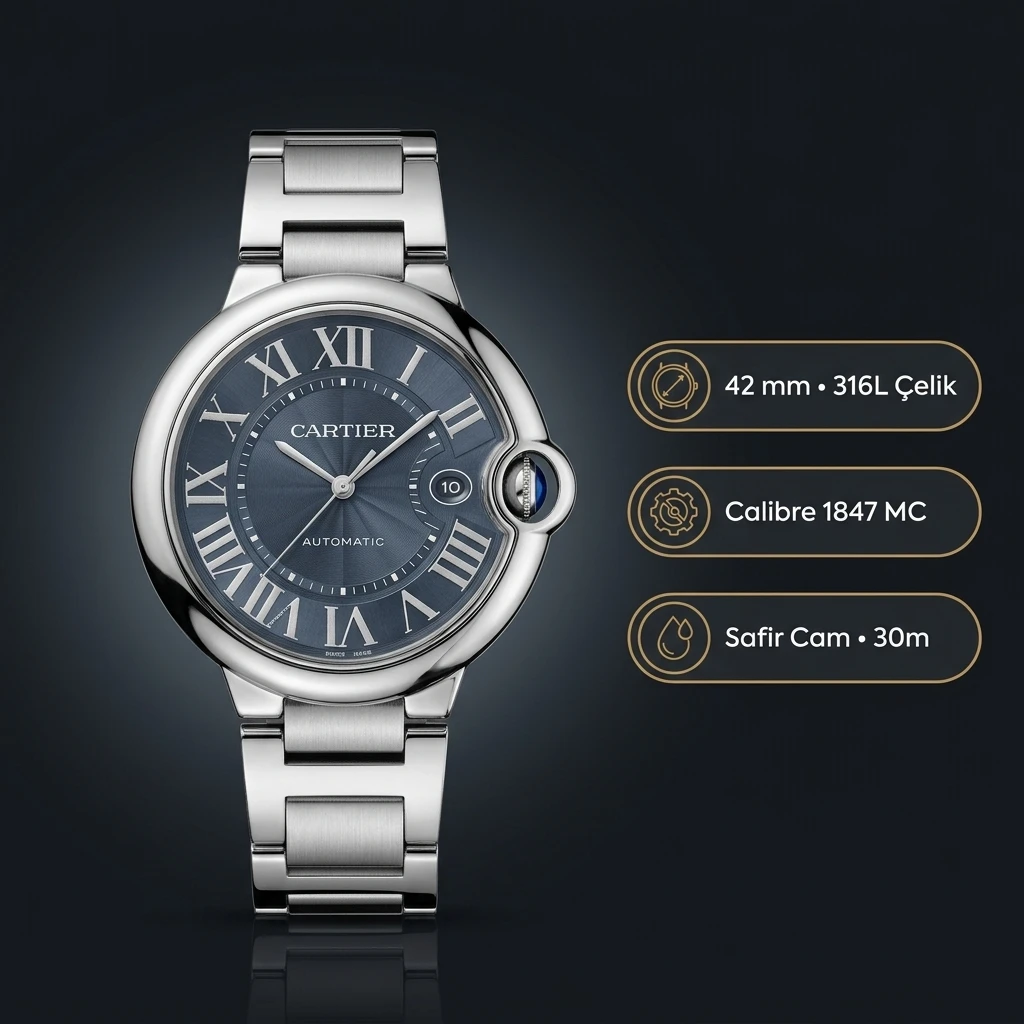 Cartier Ballon Bleu 42 mm WSBB0061 Mavi Kadran Çelik Super Clone ETA Saat