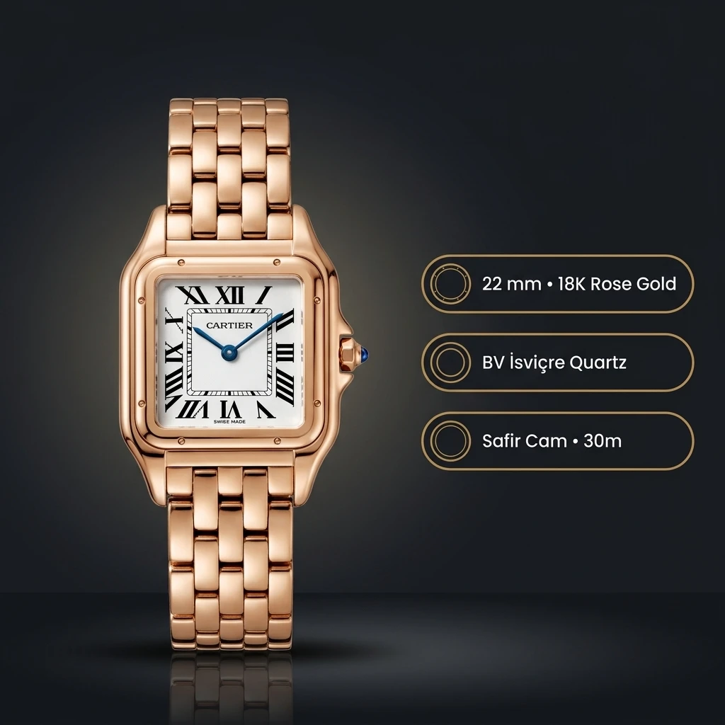 Cartier Panthère 22 mm W2PN0006 Rose Gold Beyaz Cift Renk Parlak Super Clone ETA Saat