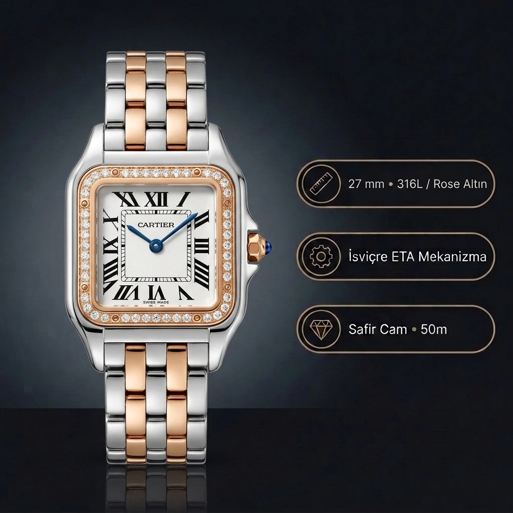 Cartier Panthère 27 mm W2PN0006 Rose And Steel Diamond Super Clone ETA Saat