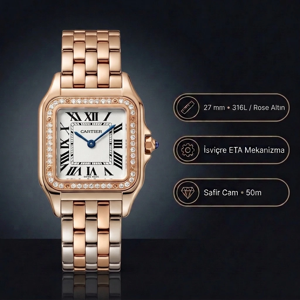 Cartier Panthère 27 mm WGPN0018 Rose Gold Diamond Super Clone ETA Saat