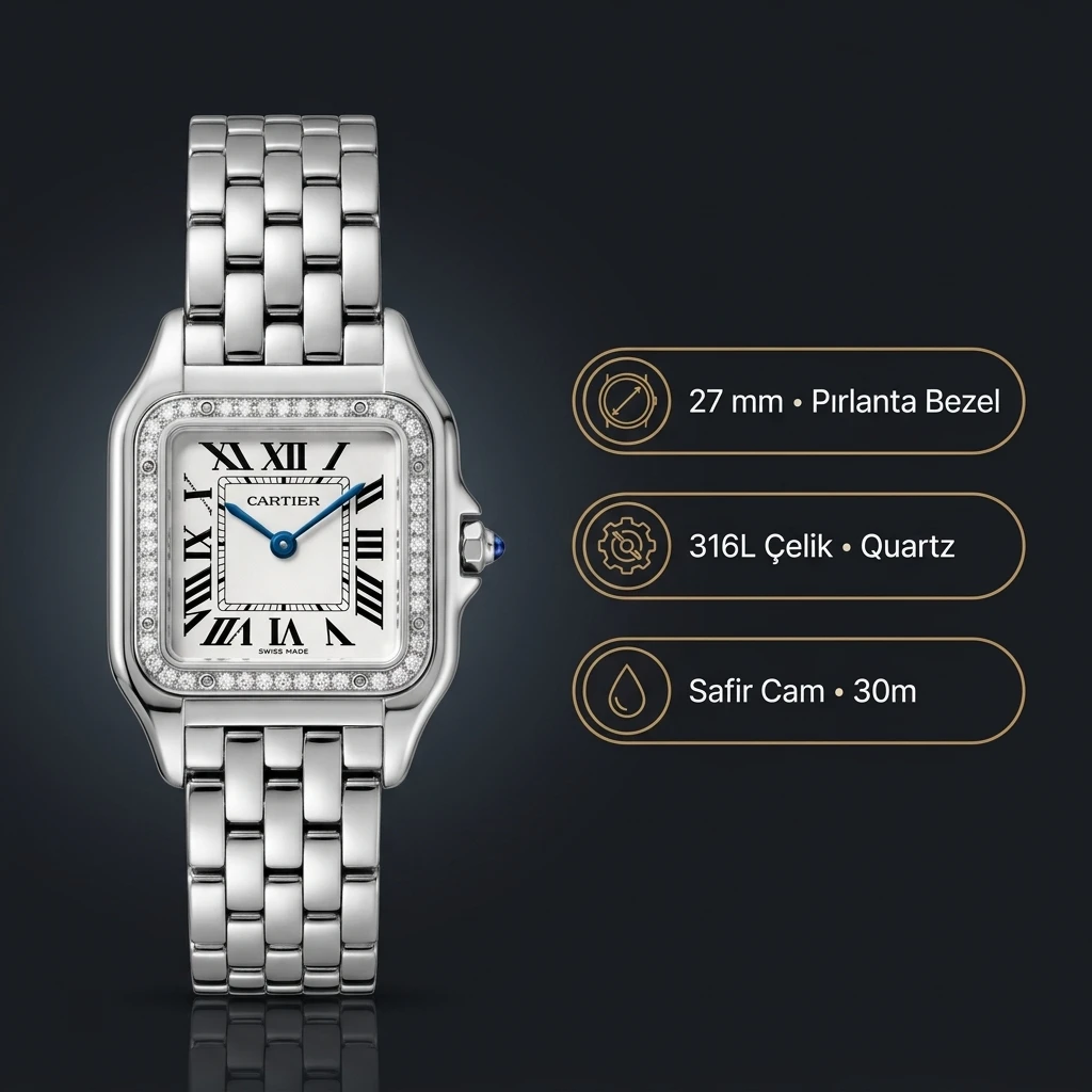 Cartier Panthère 27 mm WSPN0007 Beyaz Kadran Çelik Parlak Super Clone ETA Saat