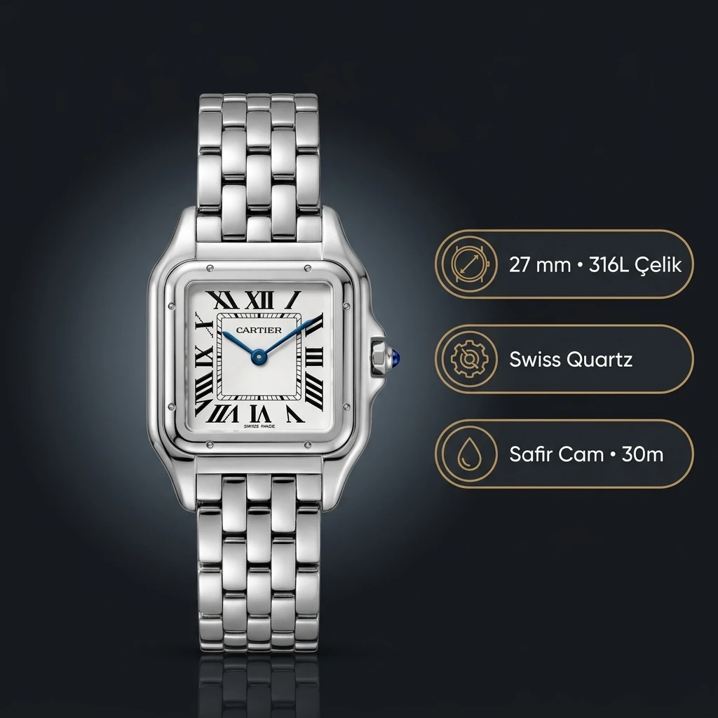 Cartier Panthère 27 mm WSPN0007 Beyaz Kadran Çelik Yan Super Clone ETA Saat