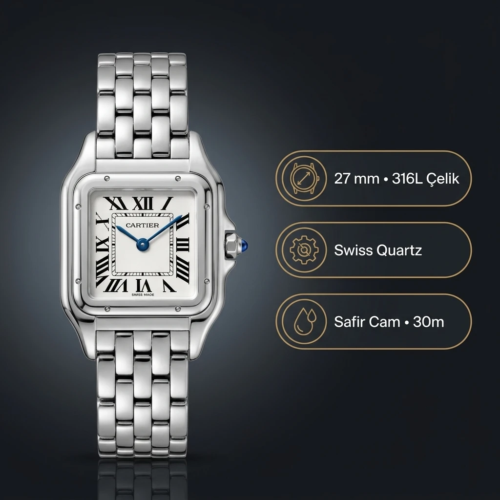 Cartier Panthère 27 mm WSPN0007 Çelik Arka Kapak Gorsel Super Clone ETA Saat
