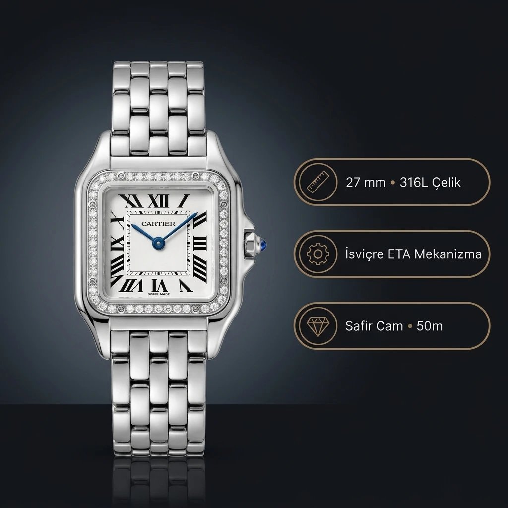 Cartier Panthère 27 mm WSPN0007 Tasli Çelik Bezel Super Clone ETA Saat